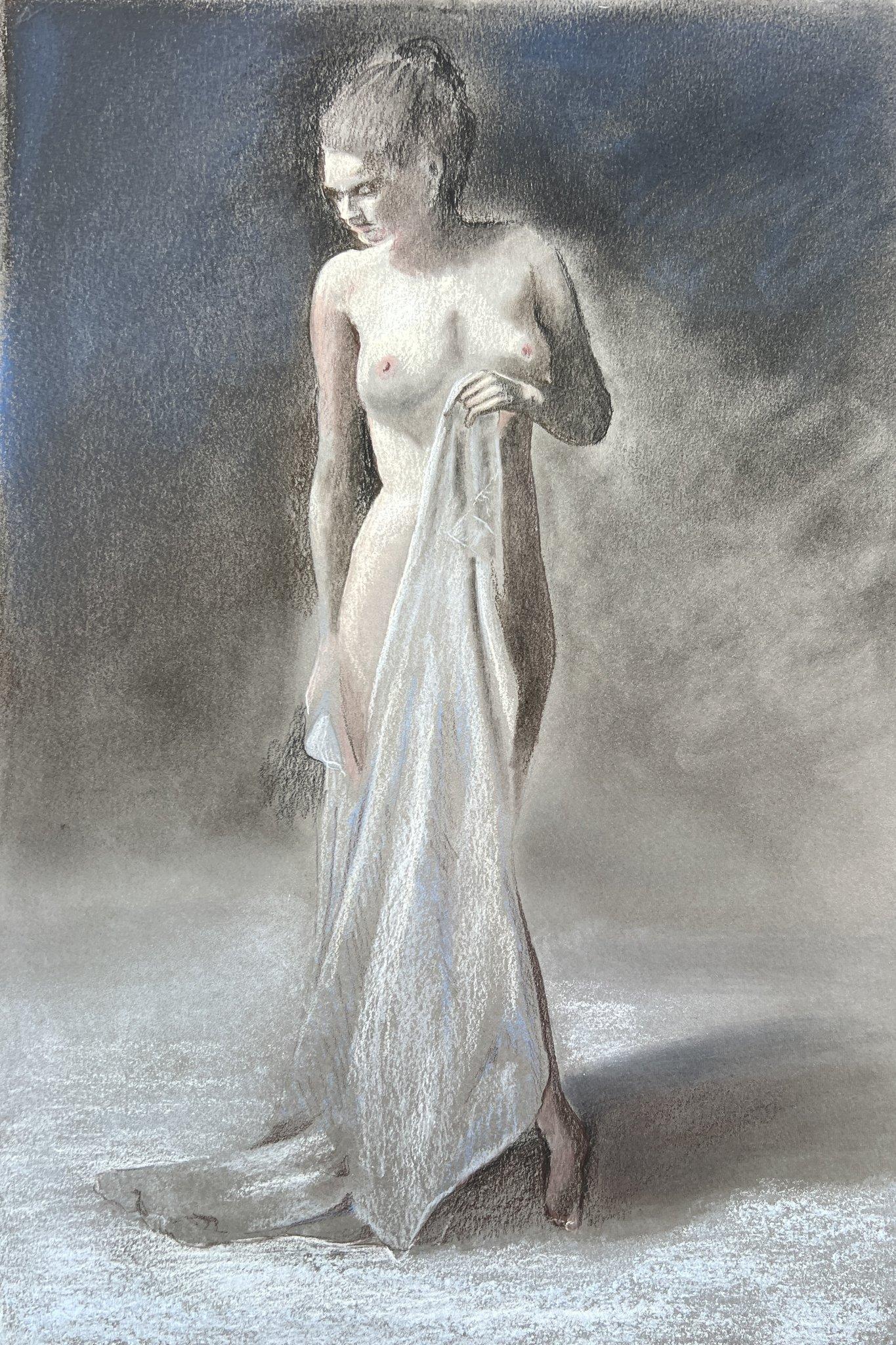 Draped Nude, Study — Pastel on paper, 39 × 26 cm — by Joseph E. Sherriff