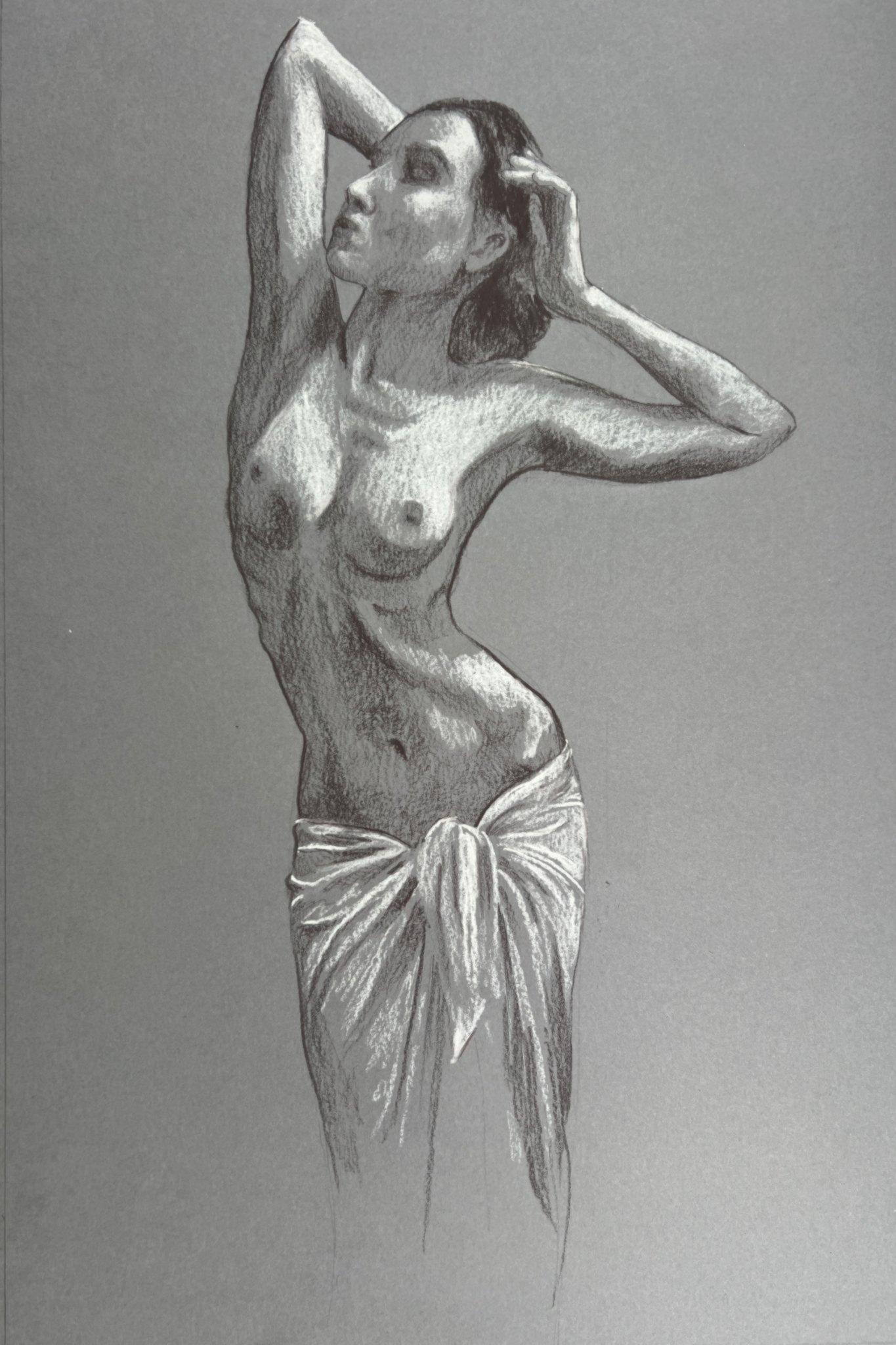 Nue aux bras levés, étude — Pastel sur papier, 39 × 26 cm — par Joseph E. Sherriff