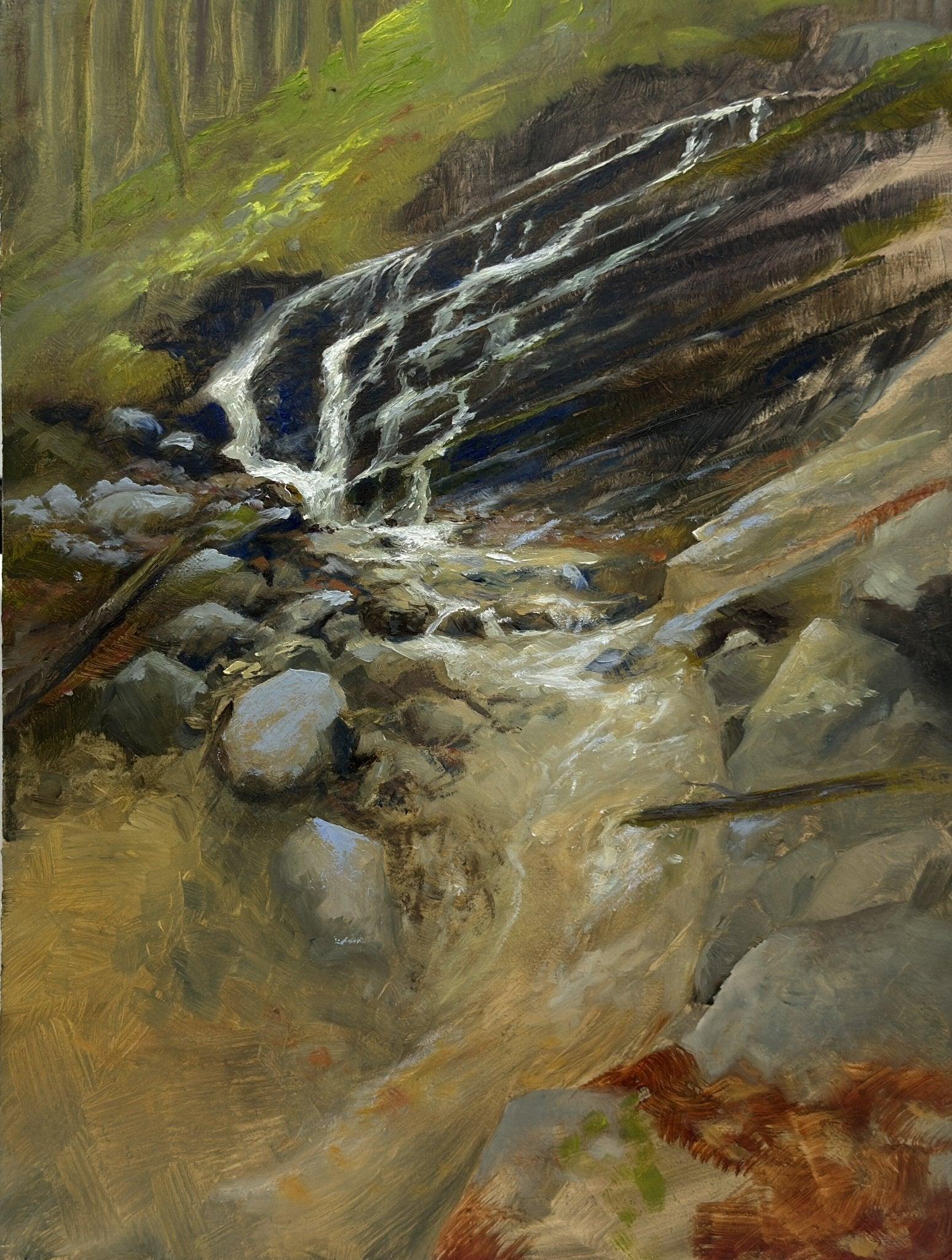 11.11.2025, Cascade de la Petite Vache — Huile sur bois — Cascade de la Petite Vache, Chartreuse (Isère) — par Joseph E. Sherriff