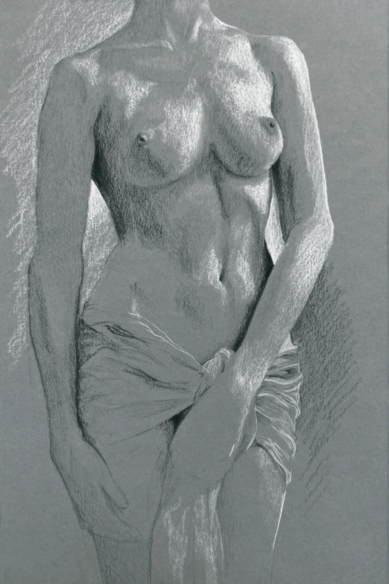 Draped Nude, Monochrome — Pastel on paper, 39 × 26 cm — by Joseph E. Sherriff